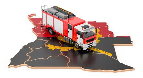 Fire department in Angola. Fire engine truck on the Angolan map. 3D rendering Stock Illustration
