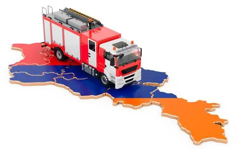 Fire department in Armenia. Fire engine truck on the Armenian map. 3D renderi Stock Illustration