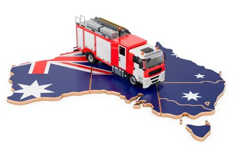 Fire department in Australia. Fire engine truck on the Australian map. 3D ren Stock Illustration