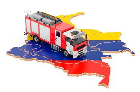 Fire department in Colombia. Fire engine truck on the Colombian map. 3D rende Stock Illustration