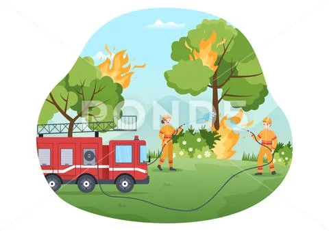 Fire Department with Firefighters Extinguishing House, Forest and ...