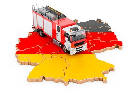 Fire department in Germany. Fire engine truck on the German map. 3D rendering Stock Illustration