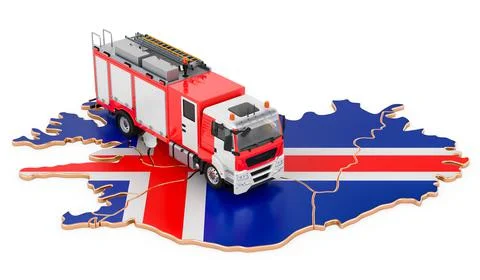 Fire department in Iceland. Fire engine truck on the Icelandic map. 3D render Stock Illustration