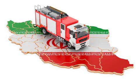 Fire department in Iran. Fire engine truck on the Iranian map. 3D rendering Stock Illustration
