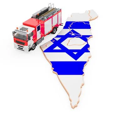 Fire department in Israel. Fire engine truck on the Israeli map. 3D rendering Stock Illustration
