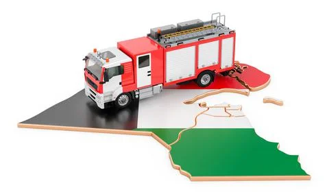 Fire department in Kuwait. Fire engine truck on the Kuwaiti map. 3D rendering Stock Illustration