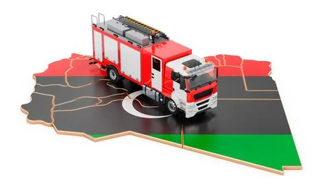 Fire department in Libya. Fire engine truck on the Libyan map. 3D rendering Stock Illustration