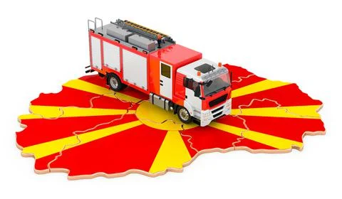 Fire department in Macedonia. Fire engine truck on the Macedonian map. 3D ren Stock Illustration