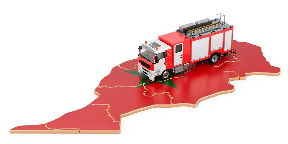 Fire department in Morocco. Fire engine truck on the Moroccan map. 3D renderi Stock Illustration
