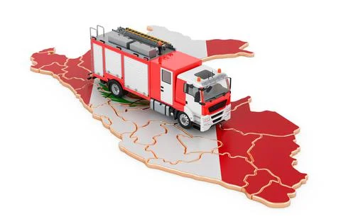 Fire department in Peru. Fire engine truck on the Peruvian map. 3D rendering Illustrazione stock