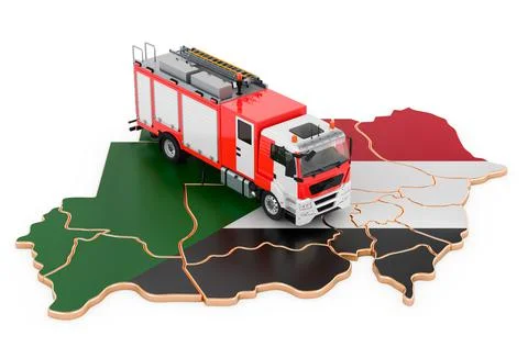 Fire department in Sudan. Fire engine truck on the Sudanese map. 3D rendering Stock Illustration