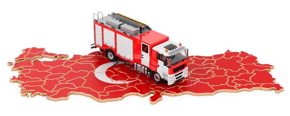 Fire department in Turkey. Fire engine truck on the Turkish map. 3D rendering Stock Illustration