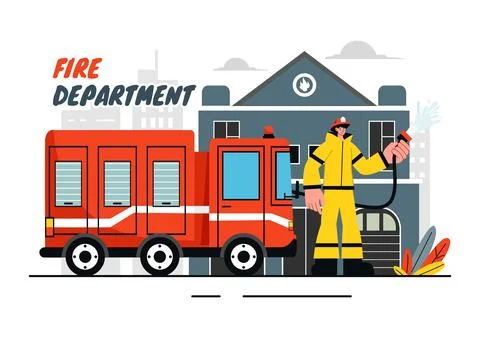 Fire Department Vector Illustration featuring Firefighters Extinguishing Ho.. 스톡 일러스트