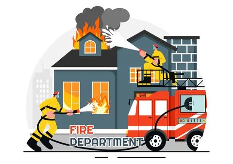 Fire Department Vector Illustration featuring Firefighters Extinguishing Ho.. Stock Illustration