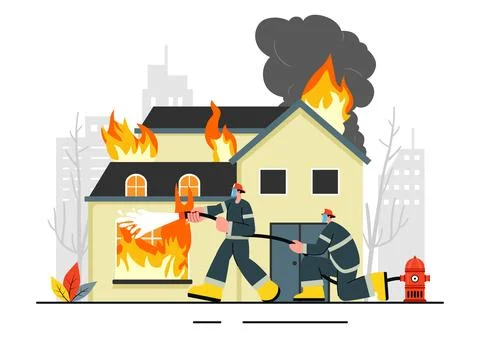Fire Department Vector Illustration featuring Firefighters Extinguishing Ho.. Stock Illustration
