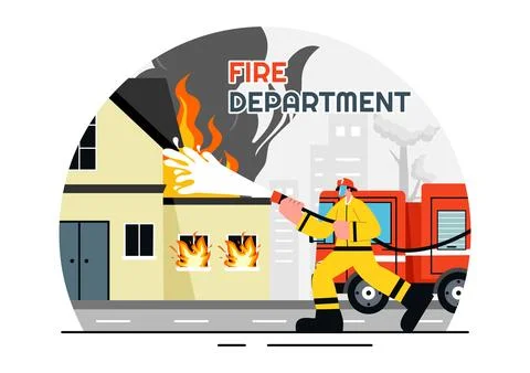 Fire Department Vector Illustration featuring Firefighters Extinguishing Ho.. Stock Illustration