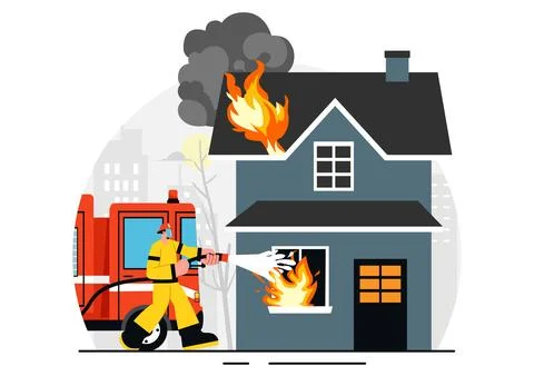 Fire Department Vector Illustration featuring Firefighters Extinguishing Ho.. Stock Illustration