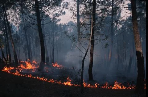 Fire destroying a pine forest Foto stock