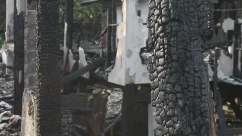Fire disaster aftermath exterior view of destroyed house Vídeo Stock 337042343