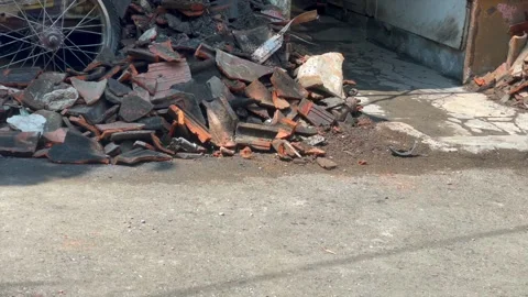 Fire disaster aftermath with ruins and debris Video stock 341897342