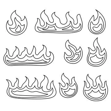 Fire Doodle Set Hand Drawn Line Art.Collection of Simple Flame and Hot Heat.. Stock Illustration