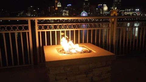 Fire with Downtown Cincinnati, Ohio in the Background Stock Footage 121335793