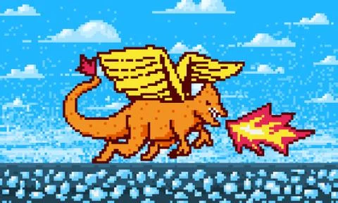 Fire dragon and clouds. Game concept. Pixel art 8 bit objects. Retro digital Illustrazione stock