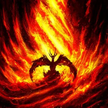 A fire dragon surrounded by a swirl of flame rising up behind him, a symmetri Stock Illustration