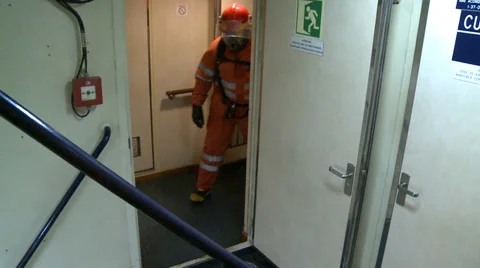 Fire drill procedures in the ship. A-33 Hesperides. Stock Footage 36458832