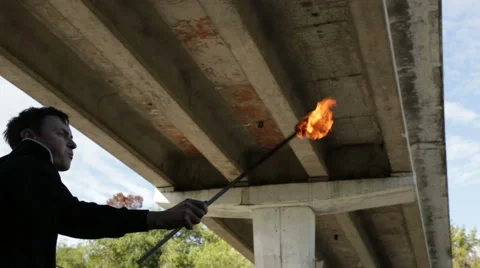 The fire eater, spitting fire Stock Footage 67961300