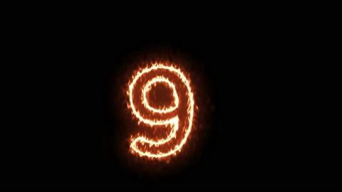 Fire Effect Text Flames Number 9 Isolated on Black Background Stock Footage 171865960