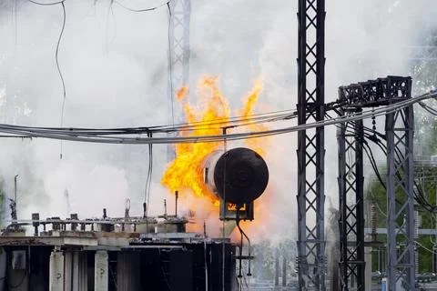 Fire on electrical substation Stock Photos