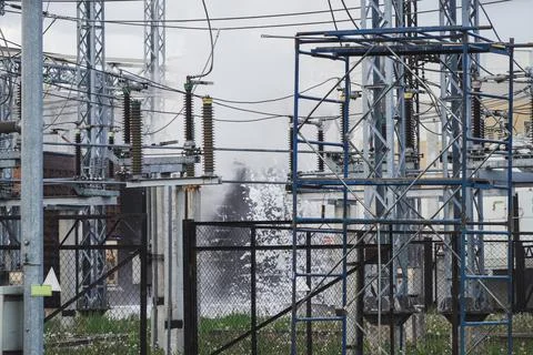 Fire on electrical substation Stock Photos