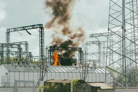 Fire on electrical substation Stock Photos