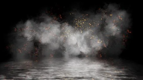 Fire embers particles with smoke texture overlays . Burn effect on water refl Stock Illustration