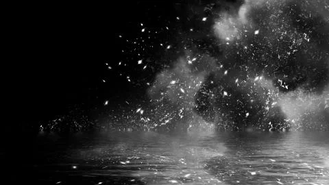 Fire embers particles with smoke texture overlays . Burn effect on water refl Stock Illustration