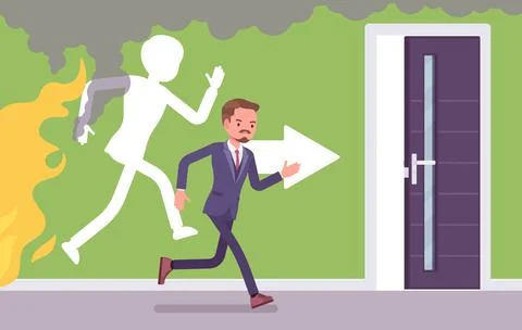 Fire emergency evacuation for man during alarm Stock Illustration