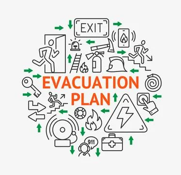 Fire Emergency Evacuation Plan Concept Round Design Template Thin Line Icon Stock Illustration