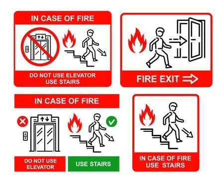Fire emergency exit door, use stairs, not elevator in case burning flame sign Stock Illustration