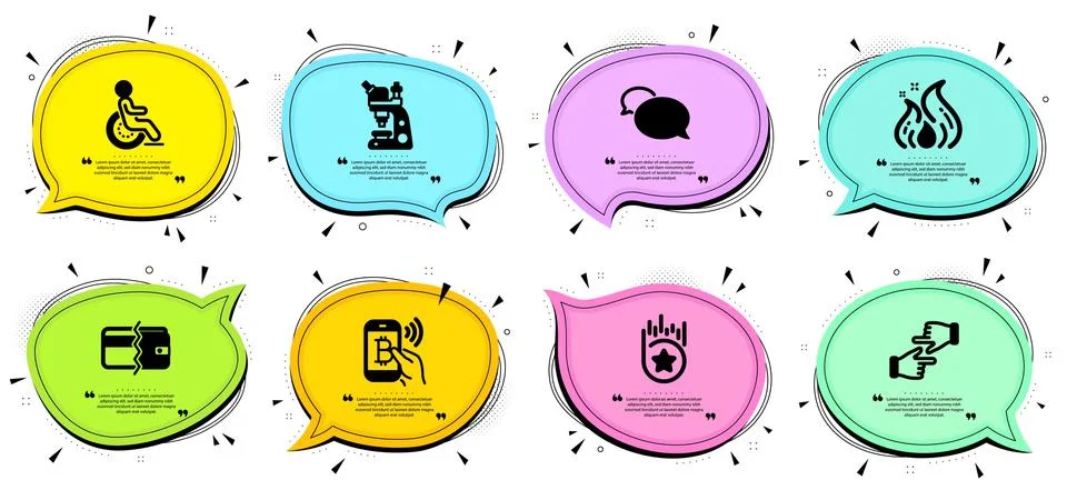 Fire energy, Bitcoin pay and Loyalty star icons set. Disability, Microscope and Stock Illustration