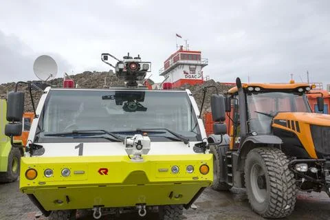 A fire engine and control tower at the airport at Frei station on King George Stock Photos