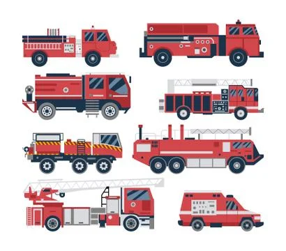 Fire engine and firetruck set - isolated red emergency vehicle collection Stock Illustration