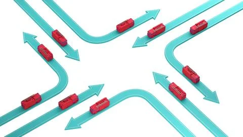 Fire engine on arrows of different directions isolated on white Stock Illustration