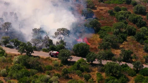 Fire engine beside an active flame front near Olbia, Sardinia, aerial tracking Stock Footage 345725901