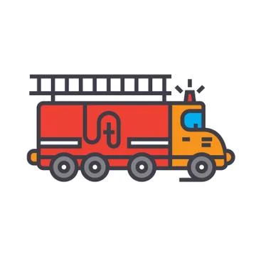 Fire engine, car flat line illustration, concept vector isolated icon Stock Illustration