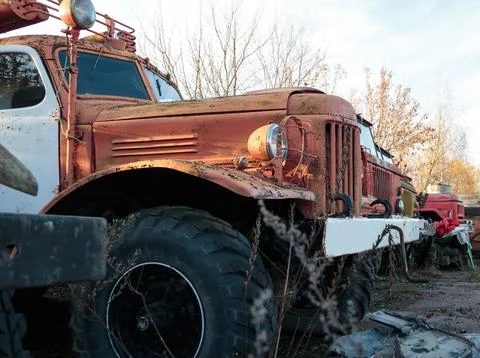 Fire engine close-up. old special equipment from the times of the USSR, which Stock Photos