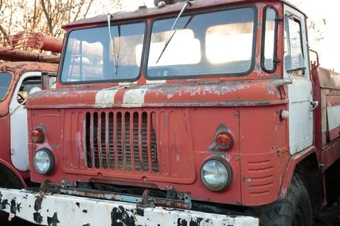 Fire engine close-up. old special equipment of the times of the USSR Stock Photos