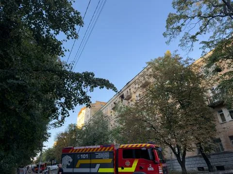 Fire Engine at Damaged Kyiv University 스톡 사진