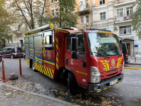 Fire Engine at Damaged Kyiv University After Drone Strike 스톡 사진