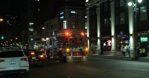Fire engine (Double) new york  manhattan  leaving  during  night 4K Stock Footage